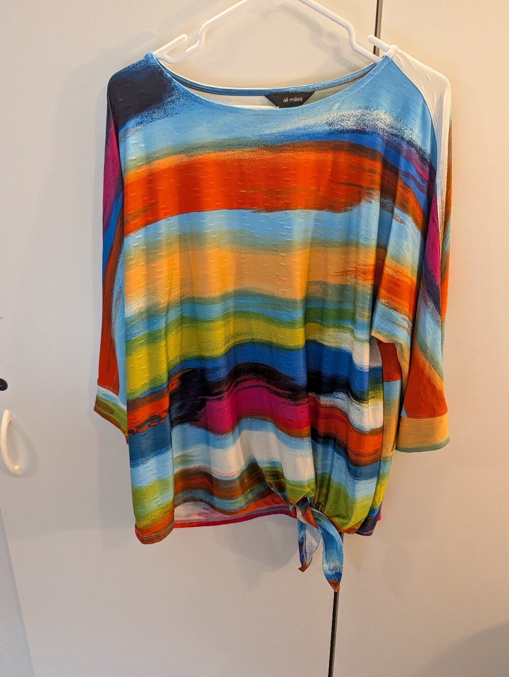 Ali Miles Woman's L Multicolor Striped Tie-Hem Women's Top - Blue/Orange/Green